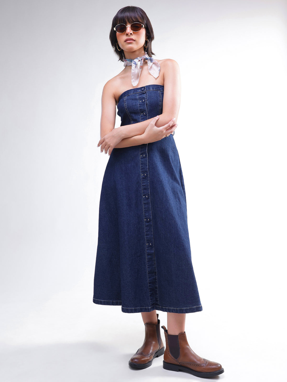 Navy Washed Denim Tube Dress-SASSAFRAS
