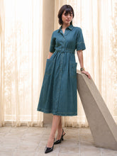 Women Blue Acid Washed Denim Belted Maxi Dress