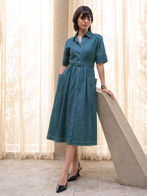 Women Blue Acid Washed Denim Belted Maxi Dress