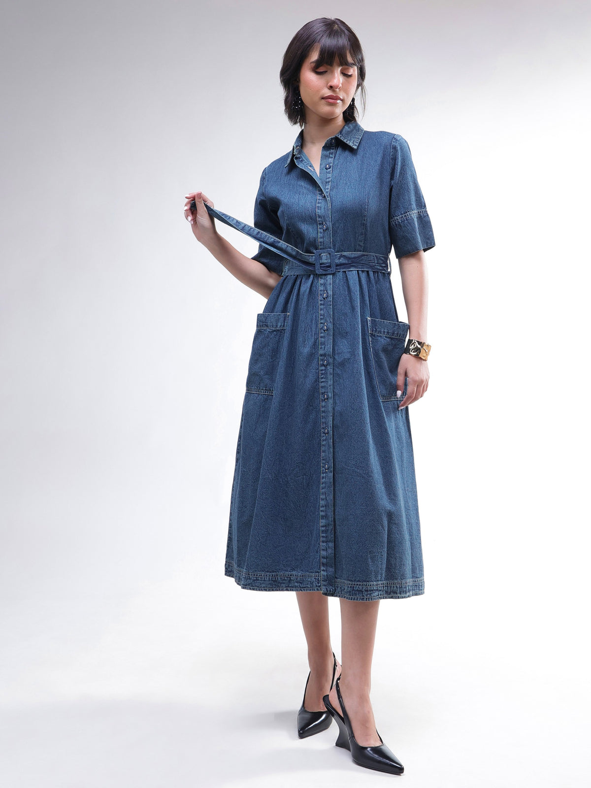 Blue Acid Washed Denim Belted Maxi Dress-SASSAFRAS