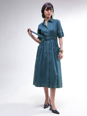 Women Blue Acid Washed Denim Belted Maxi Dress
