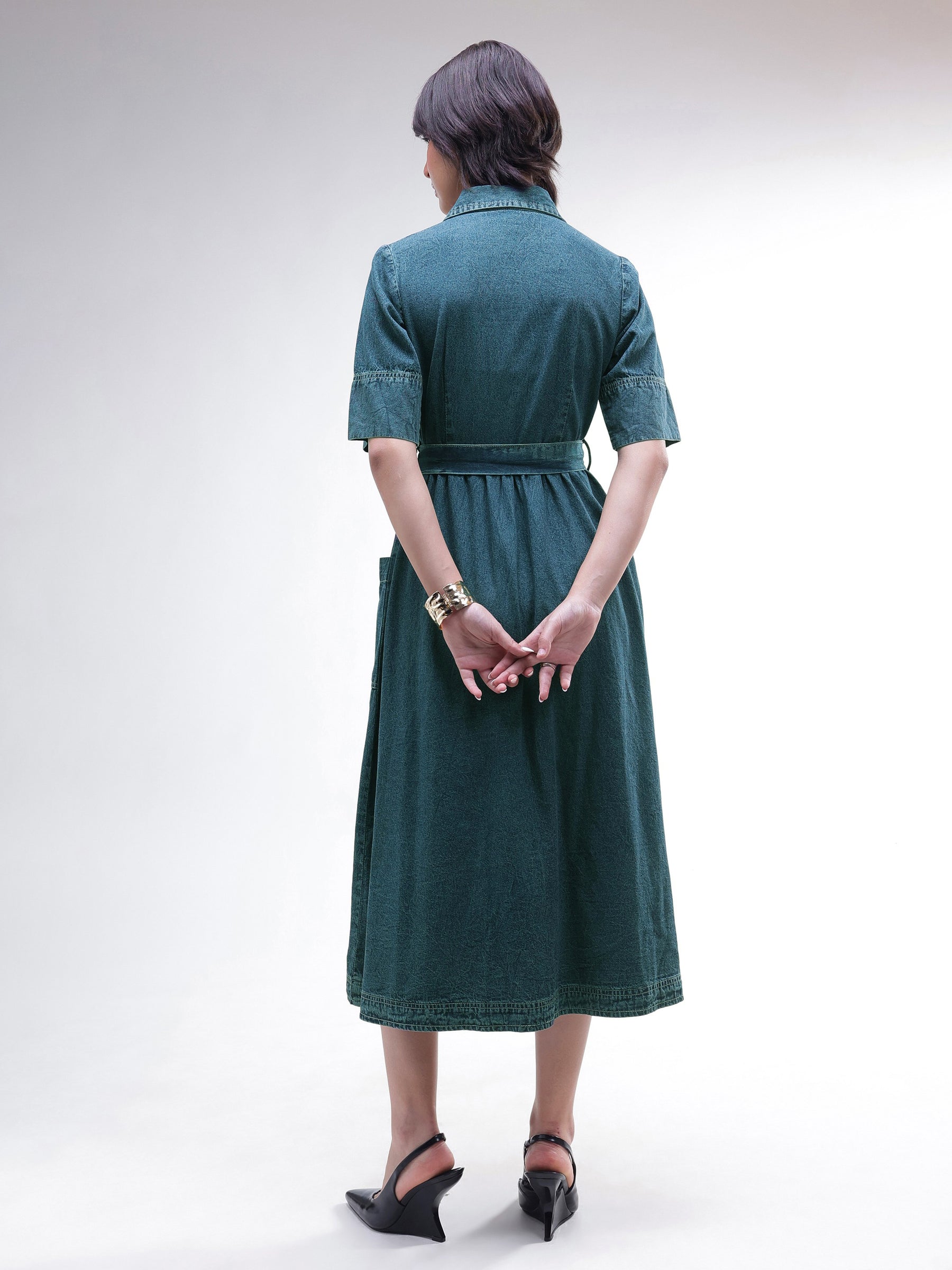 Women Blue Acid Washed Denim Belted Maxi Dress