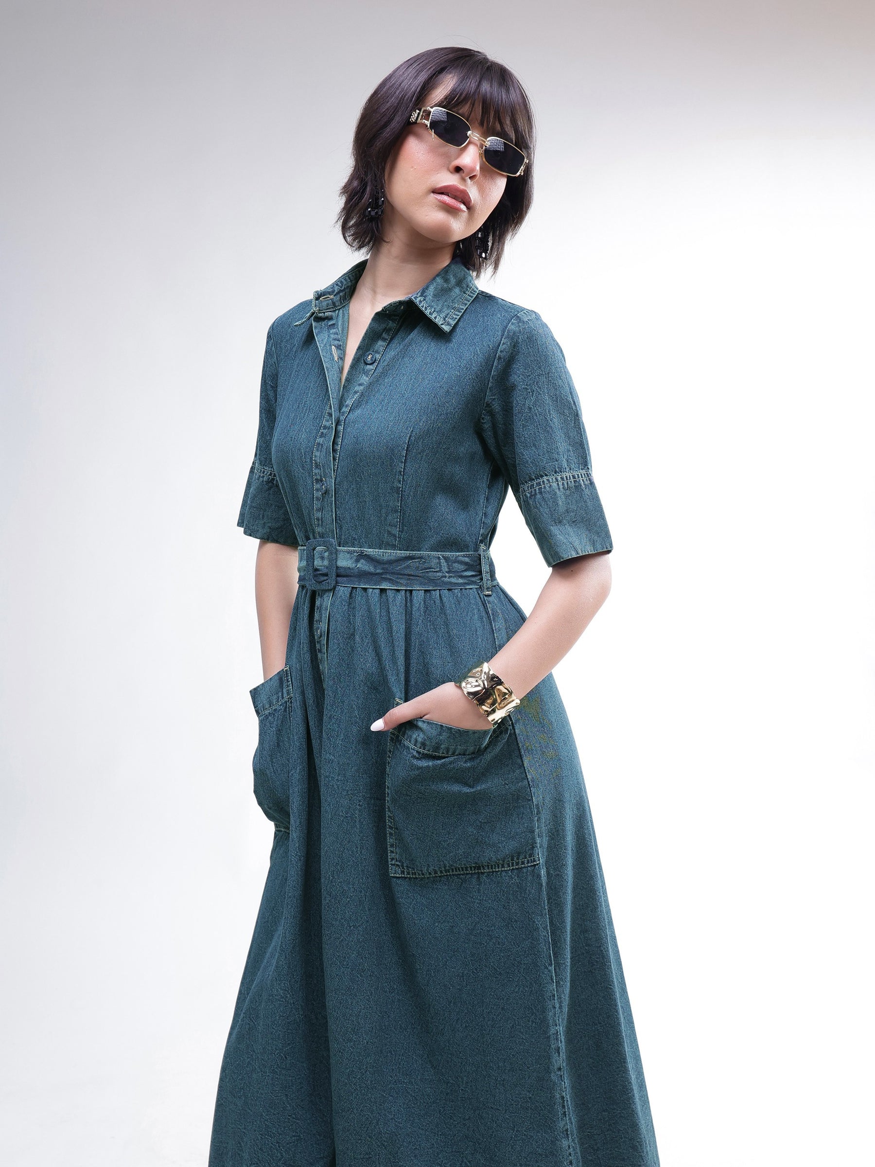 Women Blue Acid Washed Denim Belted Maxi Dress