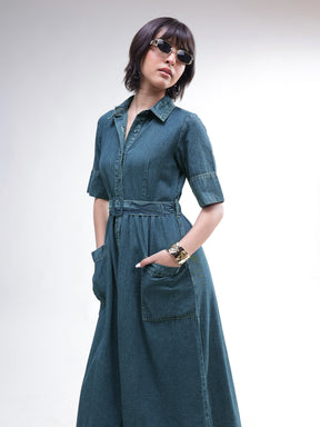 Women Blue Acid Washed Denim Belted Maxi Dress