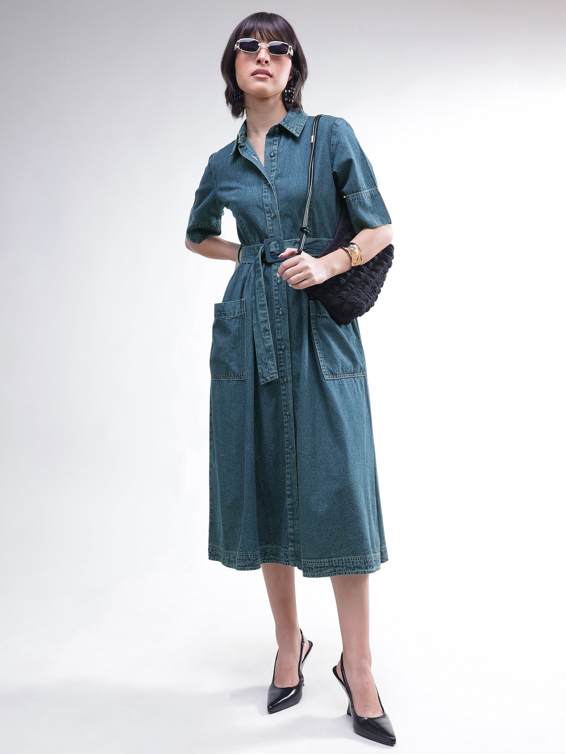 Women Blue Acid Washed Denim Belted Maxi Dress