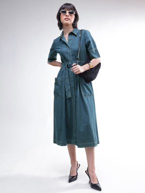 Women Blue Acid Washed Denim Belted Maxi Dress