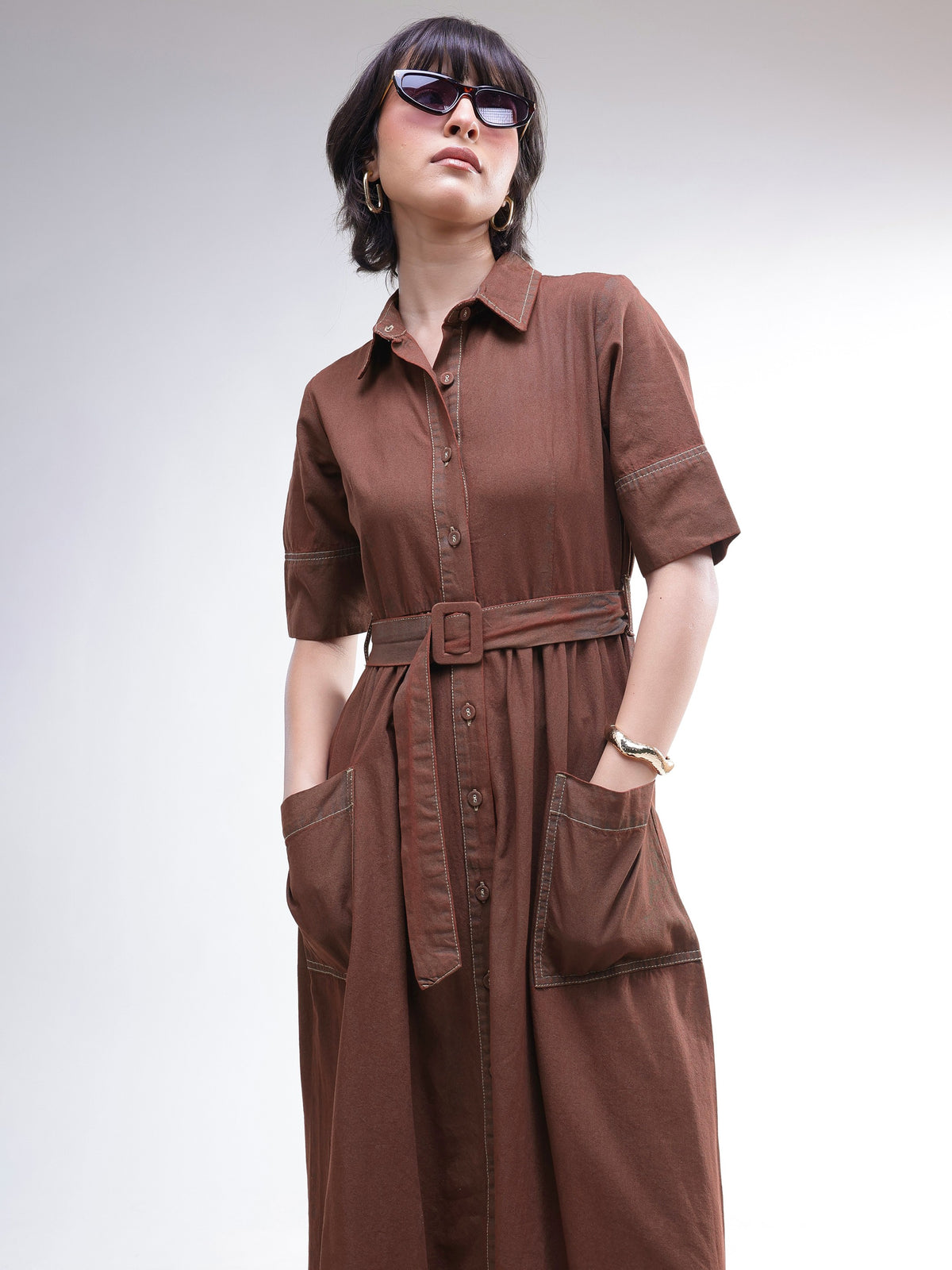 Brown Wash Denim Belted Maxi Dress-SASSAFRAS