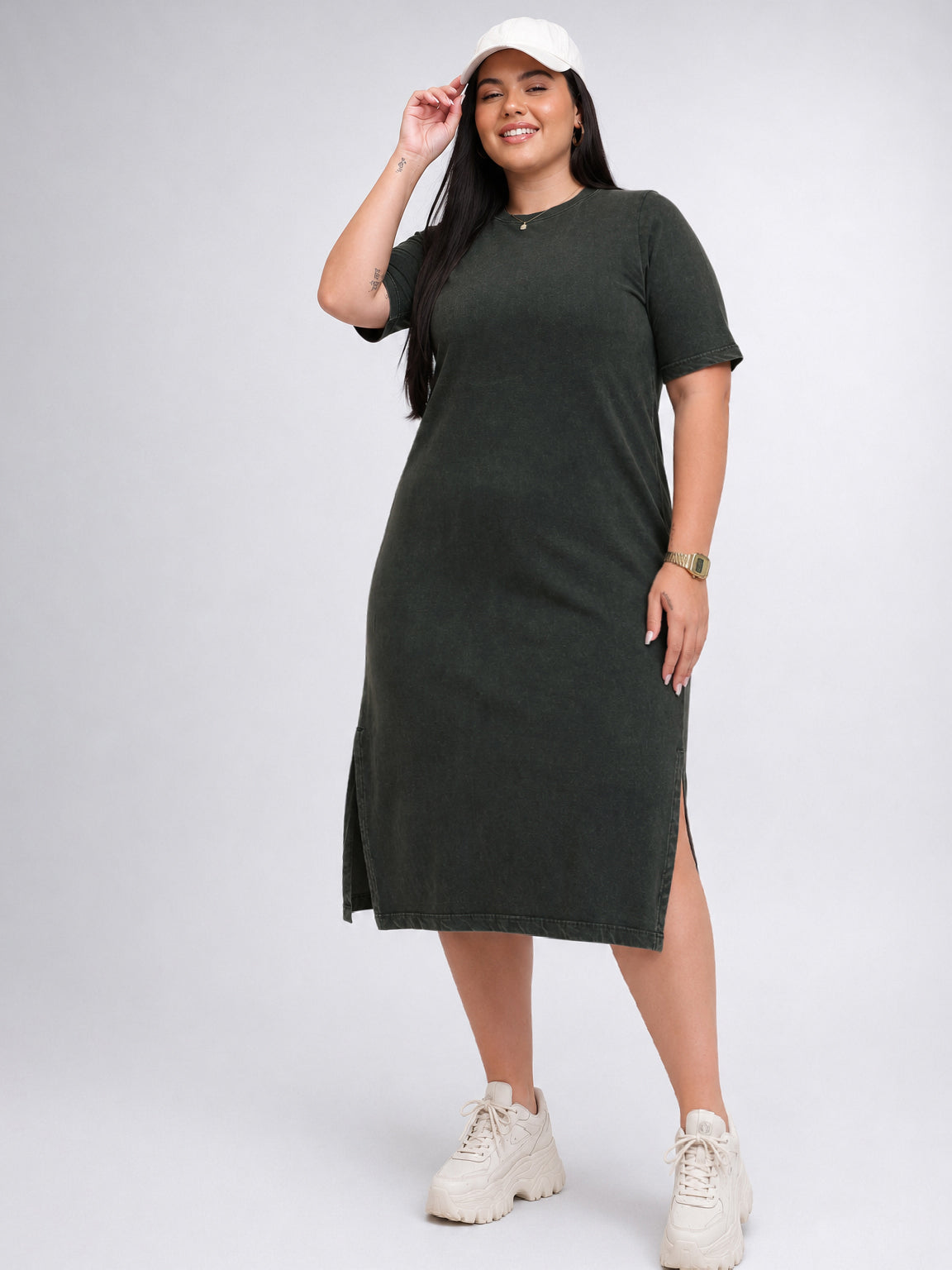 Olive Overdyed Round Neck T Shirt Dress-SASSAFRAS Curve