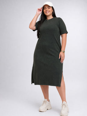 Olive Overdyed Round Neck T Shirt Dress-SASSAFRAS Curve
