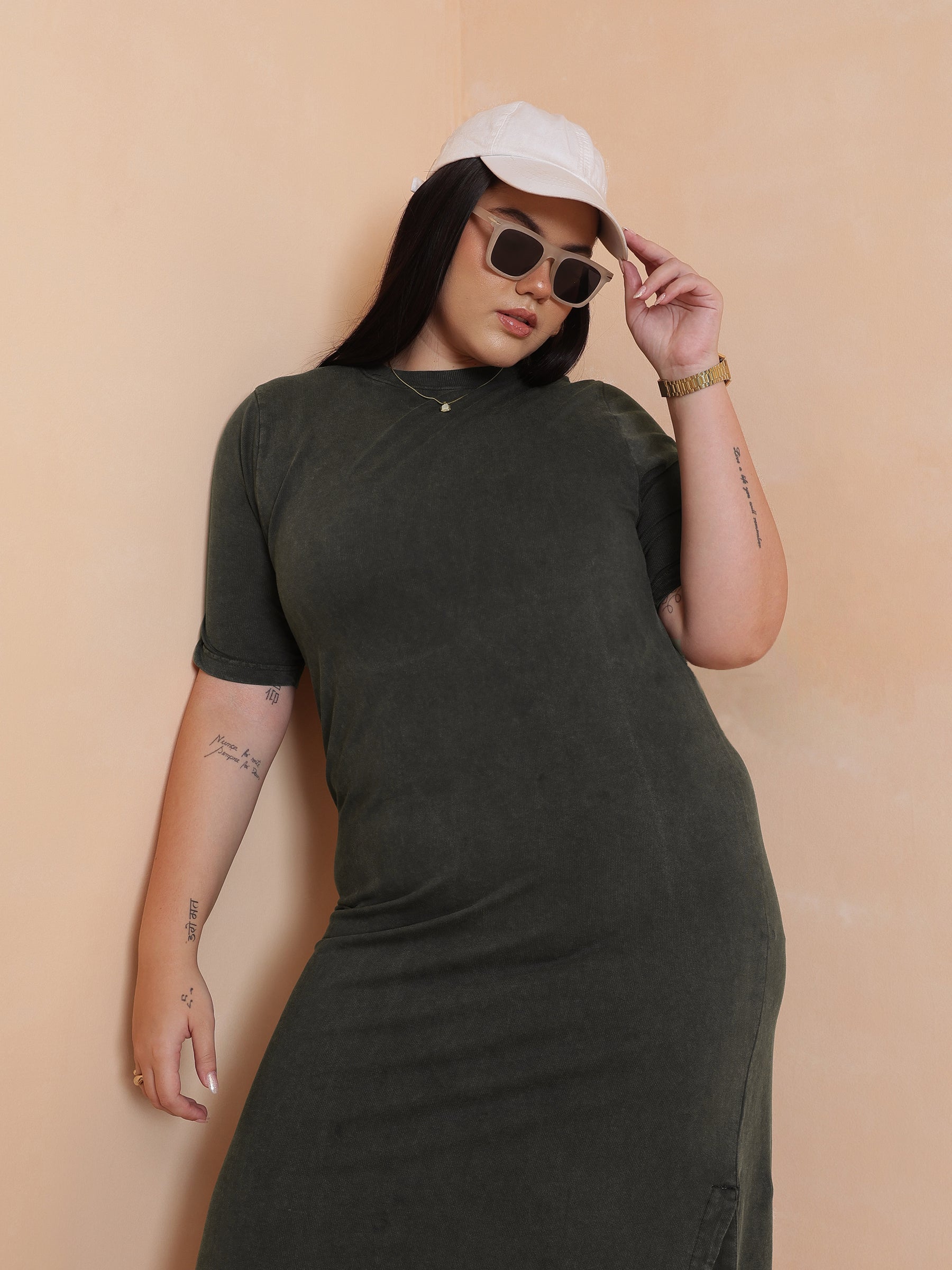 Olive Overdyed Round Neck T Shirt Dress-SASSAFRAS Curve