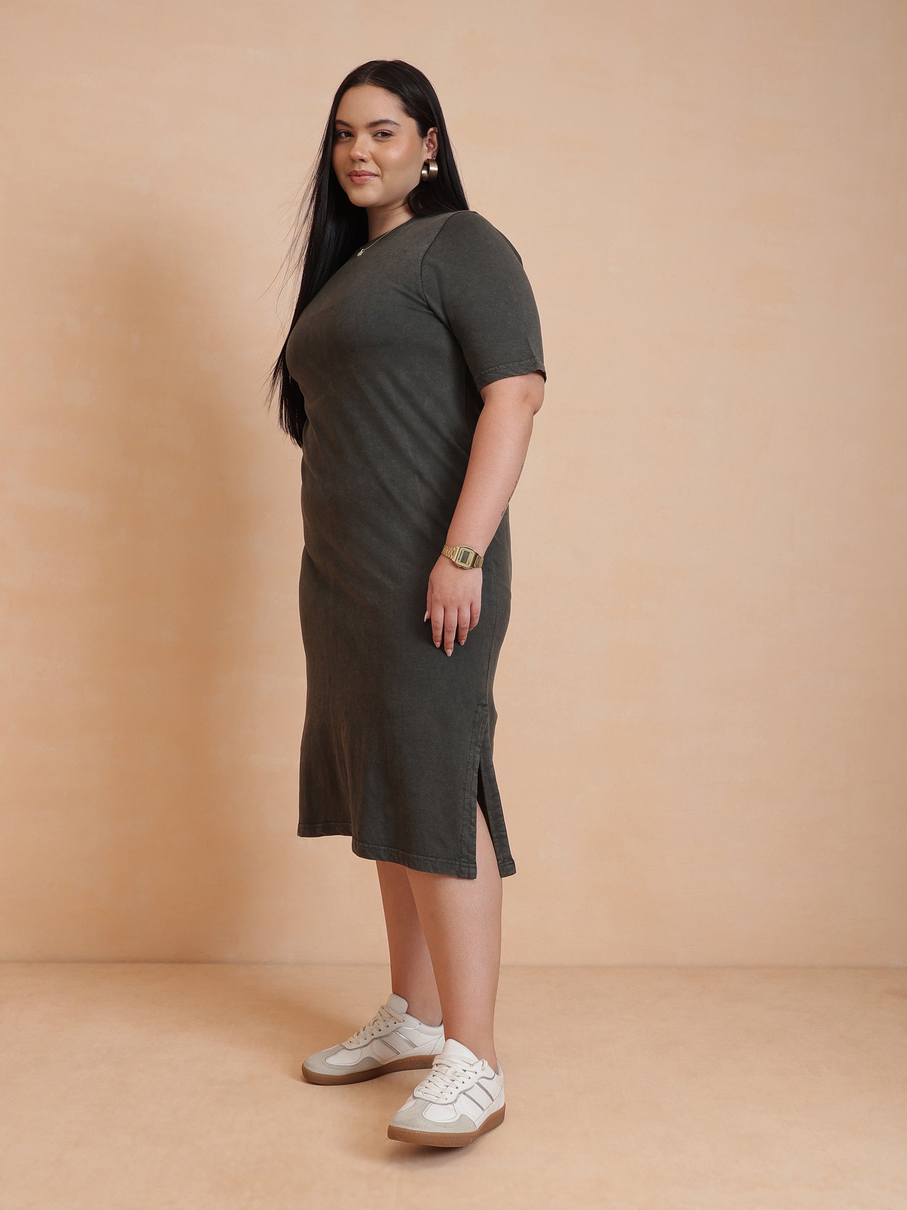 Olive Overdyed Round Neck T Shirt Dress-SASSAFRAS Curve
