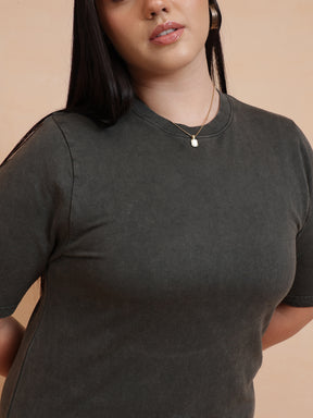 Olive Overdyed Round Neck T Shirt Dress-SASSAFRAS Curve