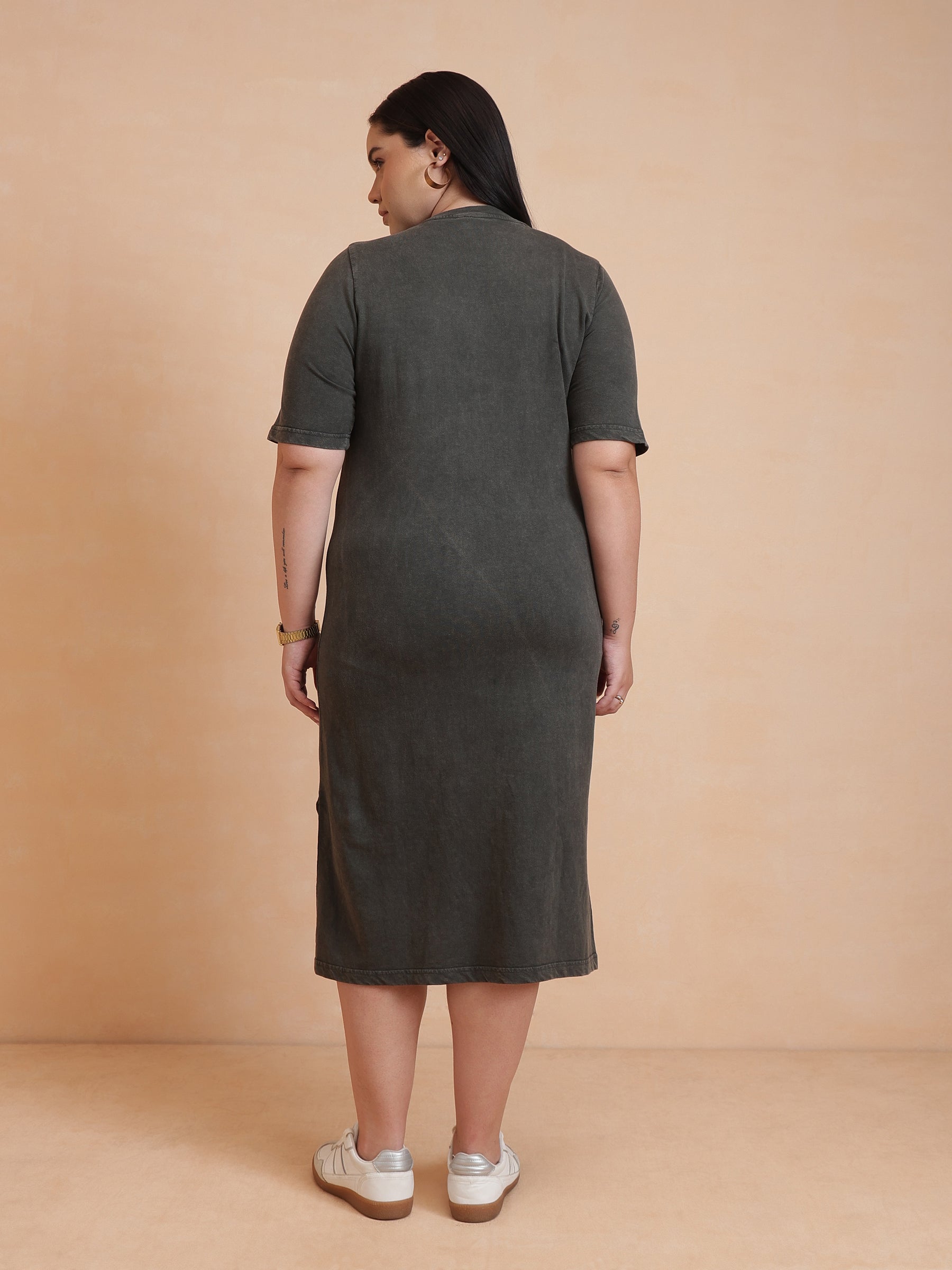 Olive Overdyed Round Neck T Shirt Dress-SASSAFRAS Curve