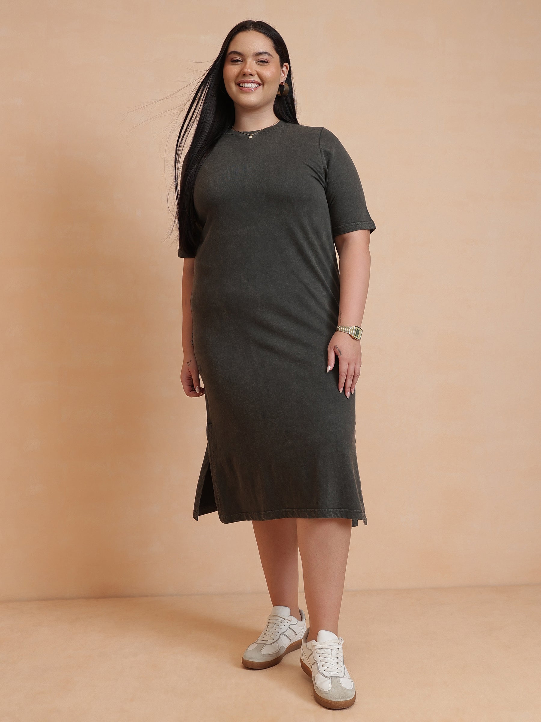 Women Olive Overdyed Round Neck T Shirt Dress