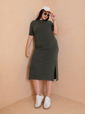 Women Olive Overdyed Round Neck T Shirt Dress