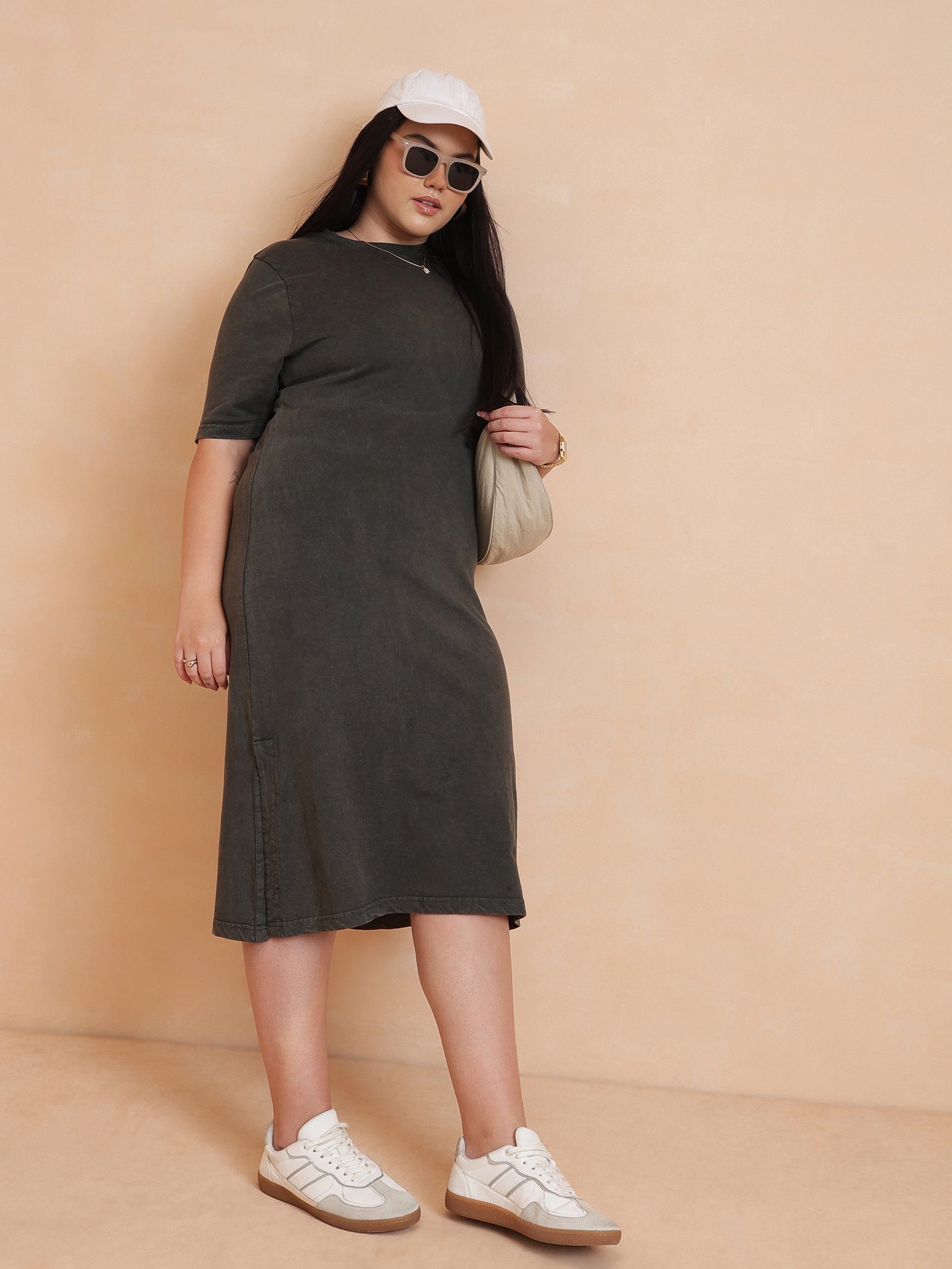 Women Olive Overdyed Round Neck T Shirt Dress