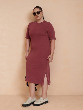 Red Overdyed Round Neck T Shirt Dress-SASSAFRAS Curve