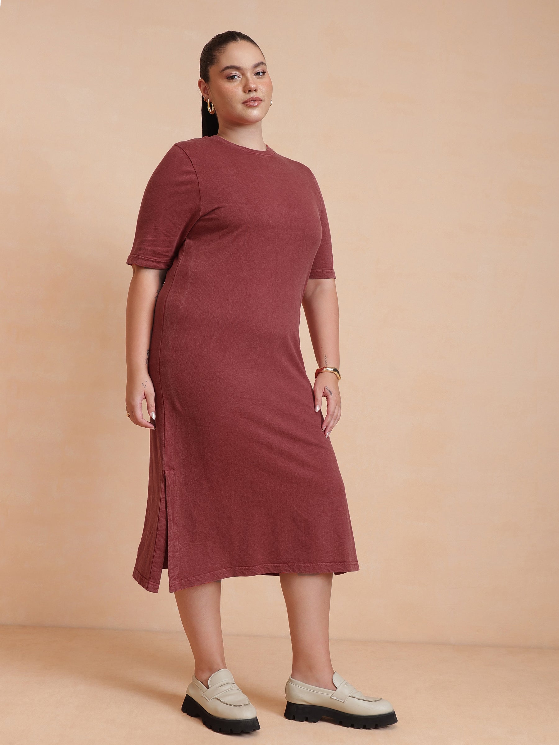 Red Overdyed Round Neck T Shirt Dress-SASSAFRAS Curve