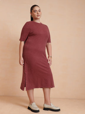 Red Overdyed Round Neck T Shirt Dress-SASSAFRAS Curve