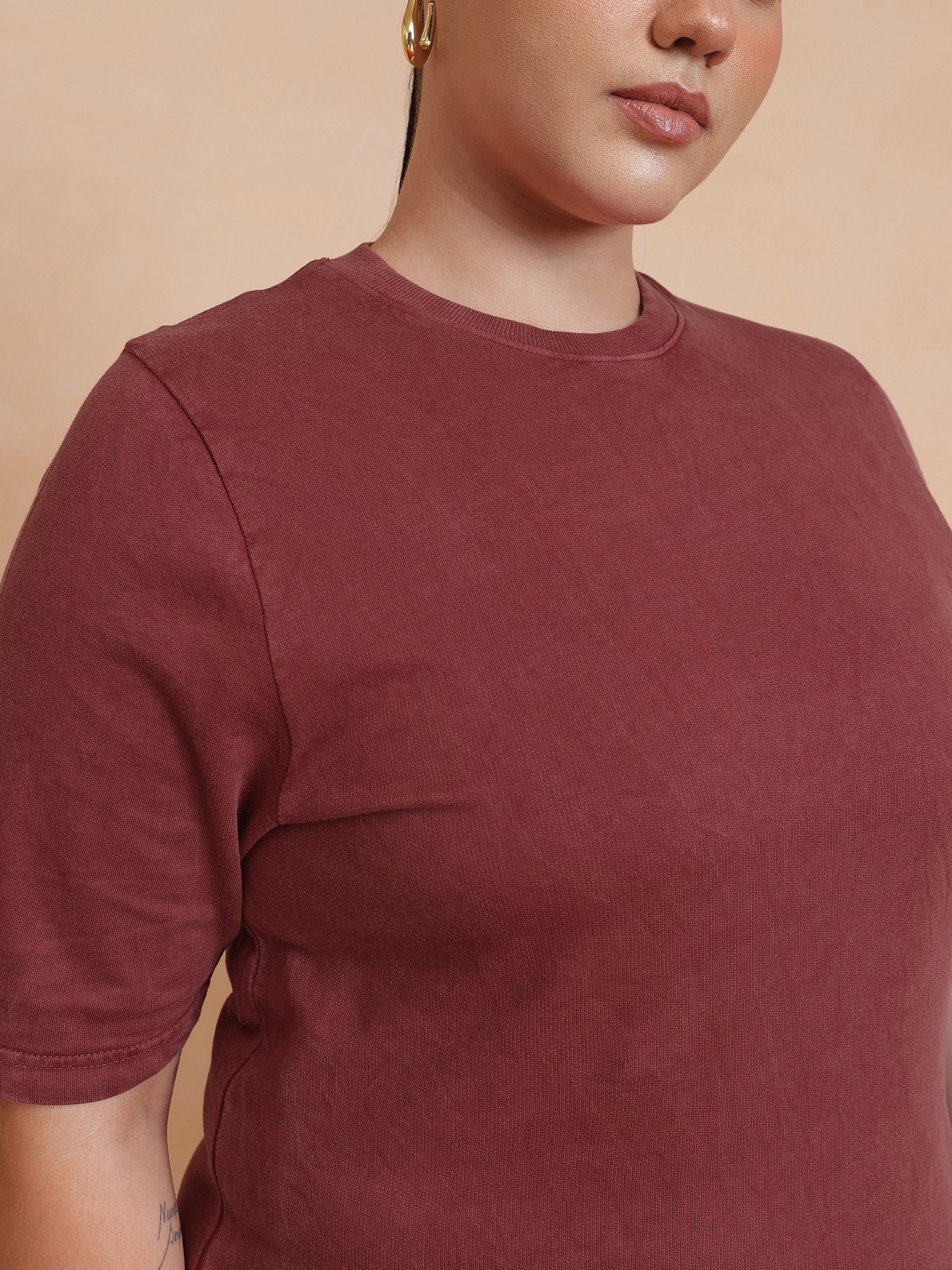 Red Overdyed Round Neck T Shirt Dress-SASSAFRAS Curve