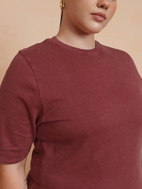 Red Overdyed Round Neck T Shirt Dress-SASSAFRAS Curve