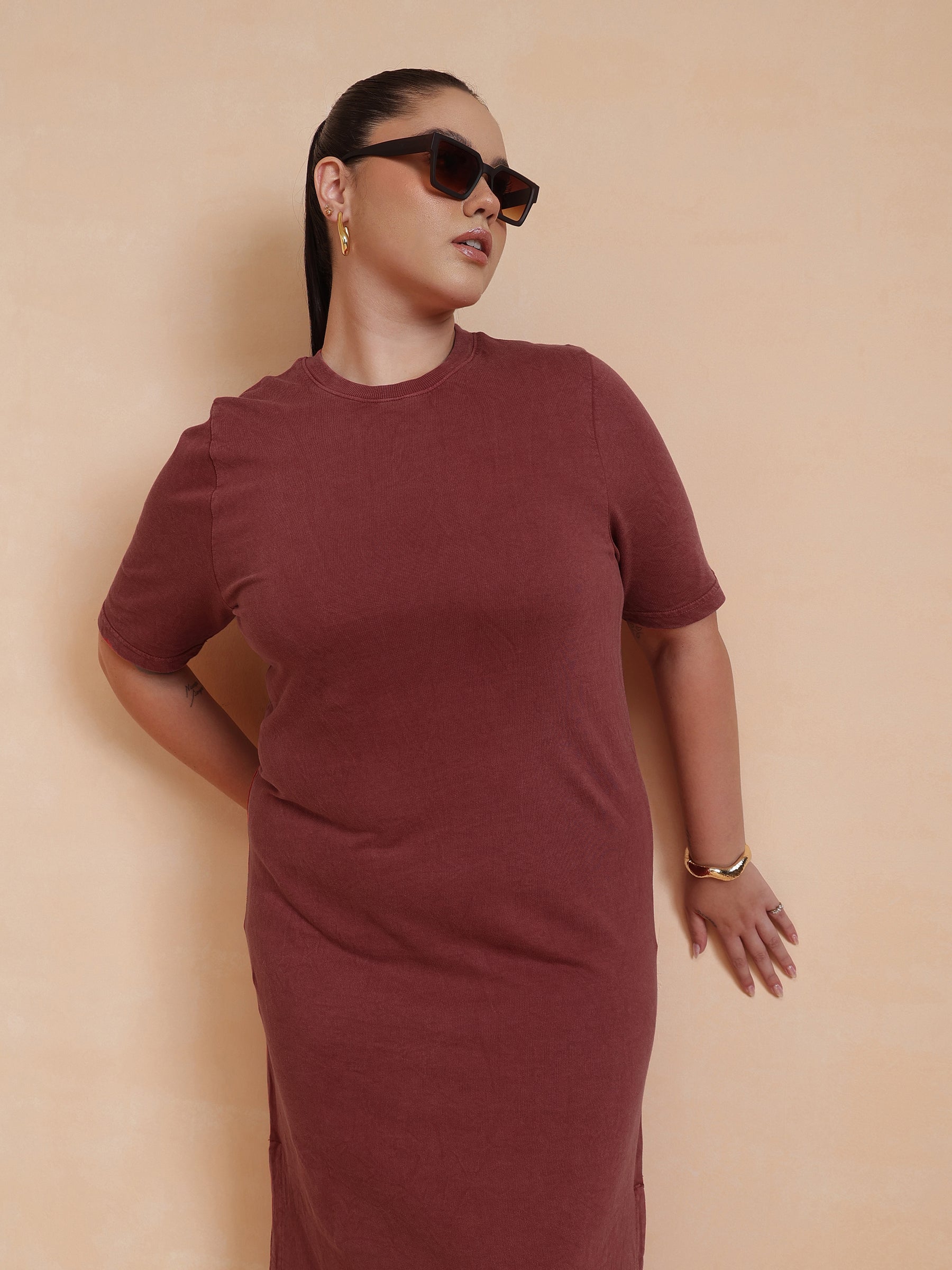 Women Red Overdyed Round Neck T Shirt Dress