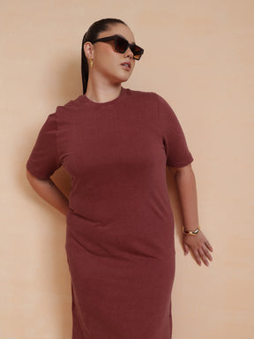 Women Red Overdyed Round Neck T Shirt Dress