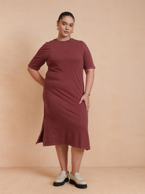 Women Red Overdyed Round Neck T Shirt Dress