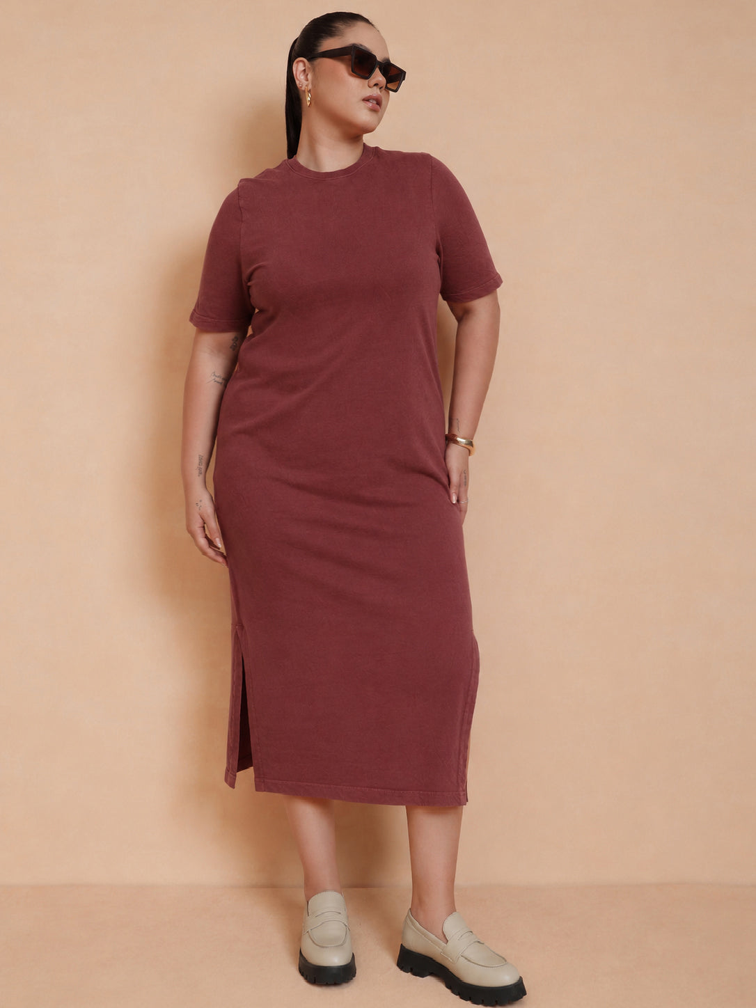 Women Red Overdyed Round Neck T Shirt Dress