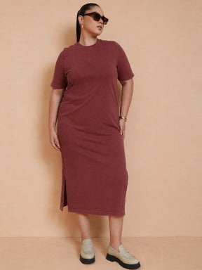 Women Red Overdyed Round Neck T Shirt Dress