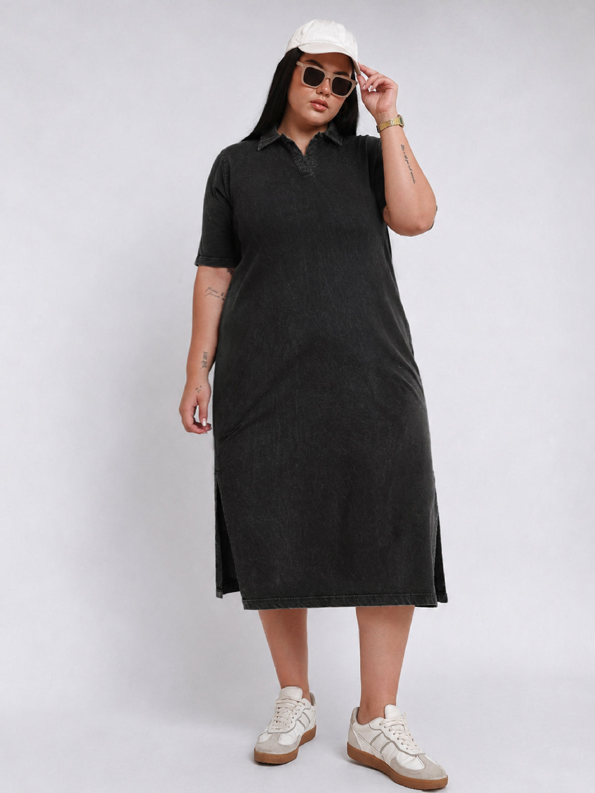 Black Overdyed Polo Neck Side Slit Midi Dress-SASSAFRAS Curve