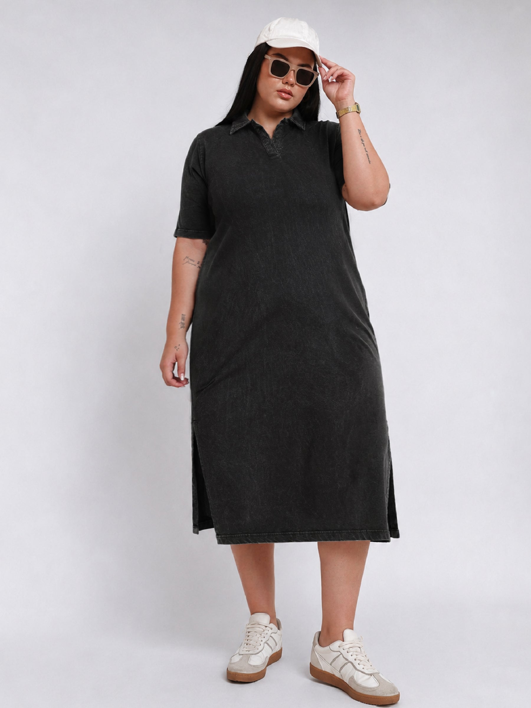 Black Overdyed Polo Neck Side Slit Midi Dress-SASSAFRAS Curve