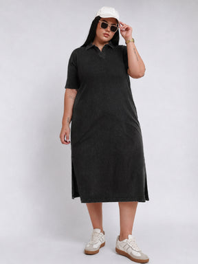 Black Overdyed Polo Neck Side Slit Midi Dress-SASSAFRAS Curve