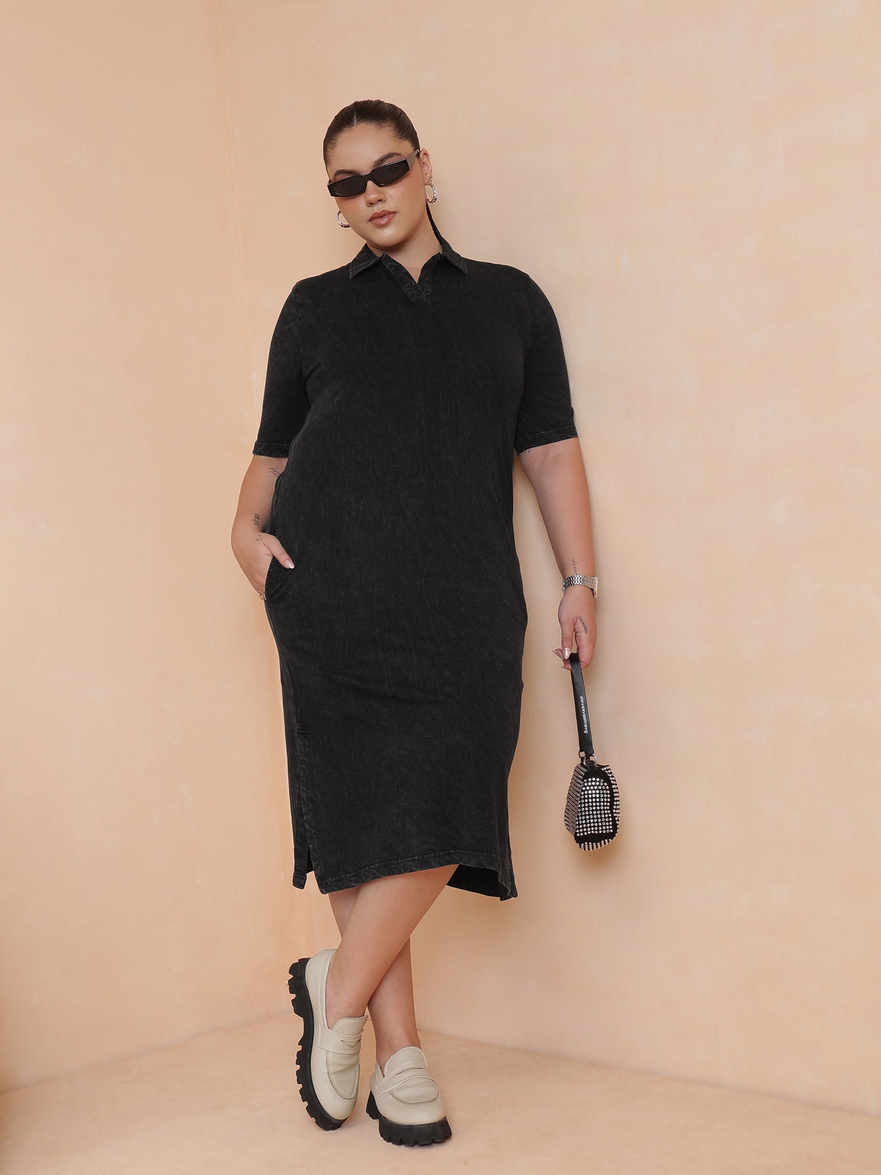 Black Overdyed Polo Neck Side Slit Midi Dress-SASSAFRAS Curve