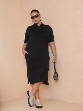 Black Overdyed Polo Neck Side Slit Midi Dress-SASSAFRAS Curve