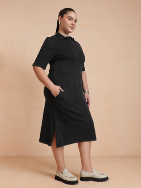 Black Overdyed Polo Neck Side Slit Midi Dress-SASSAFRAS Curve