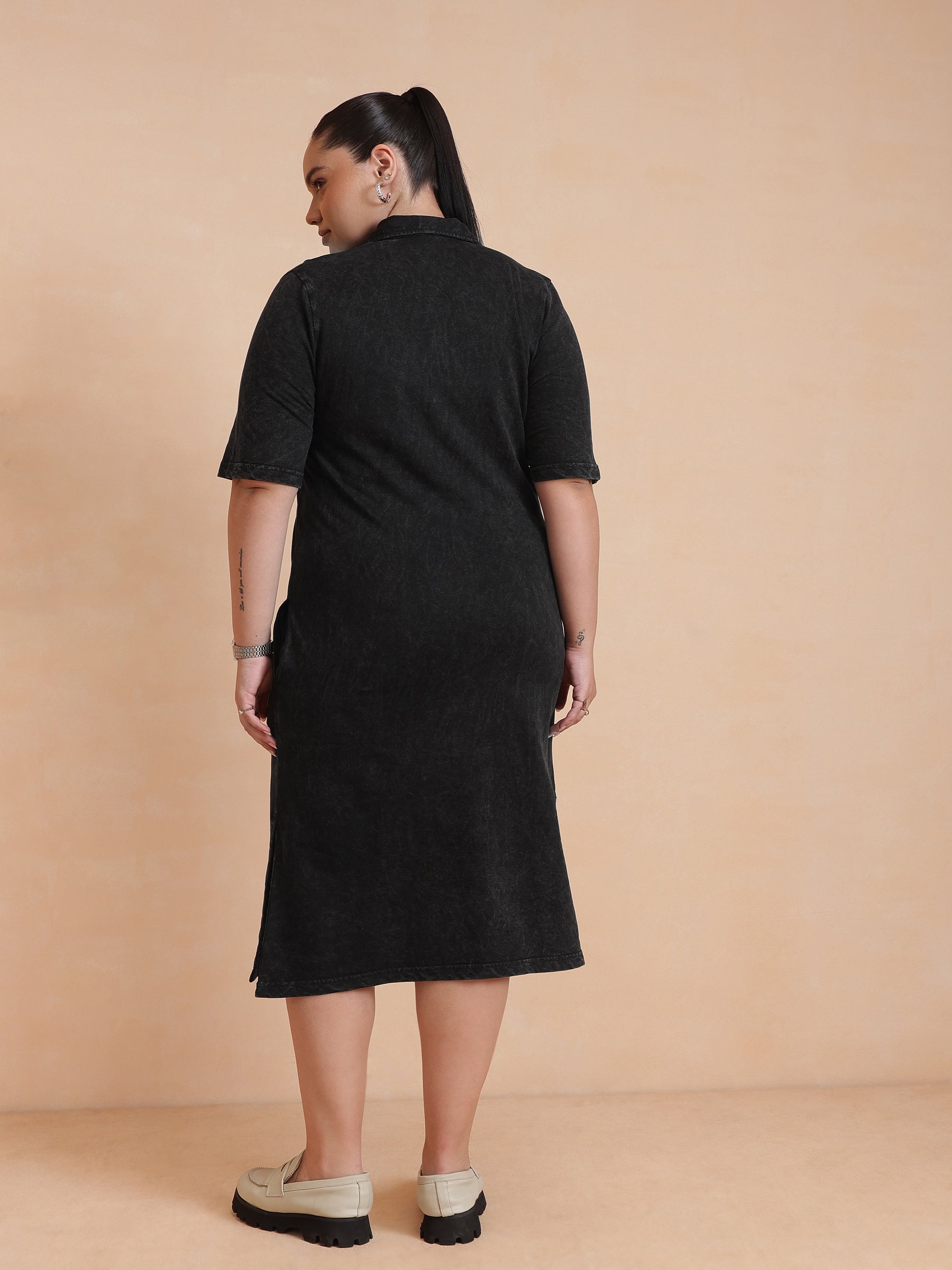 Black Overdyed Polo Neck Side Slit Midi Dress-SASSAFRAS Curve