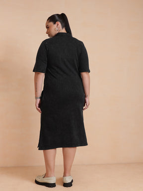 Black Overdyed Polo Neck Side Slit Midi Dress-SASSAFRAS Curve