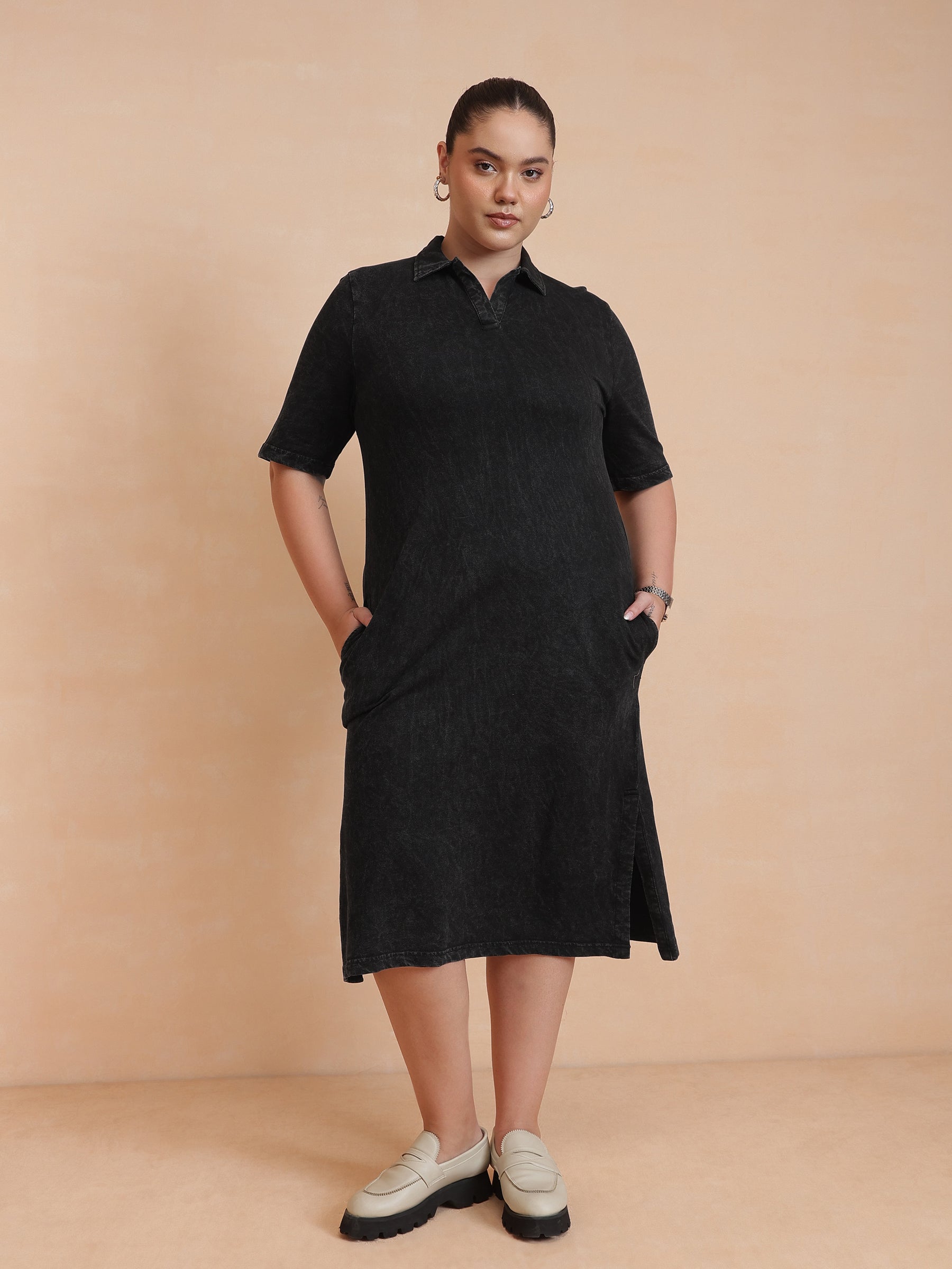 Women Black Overdyed Polo Neck Side Slit Midi Dress