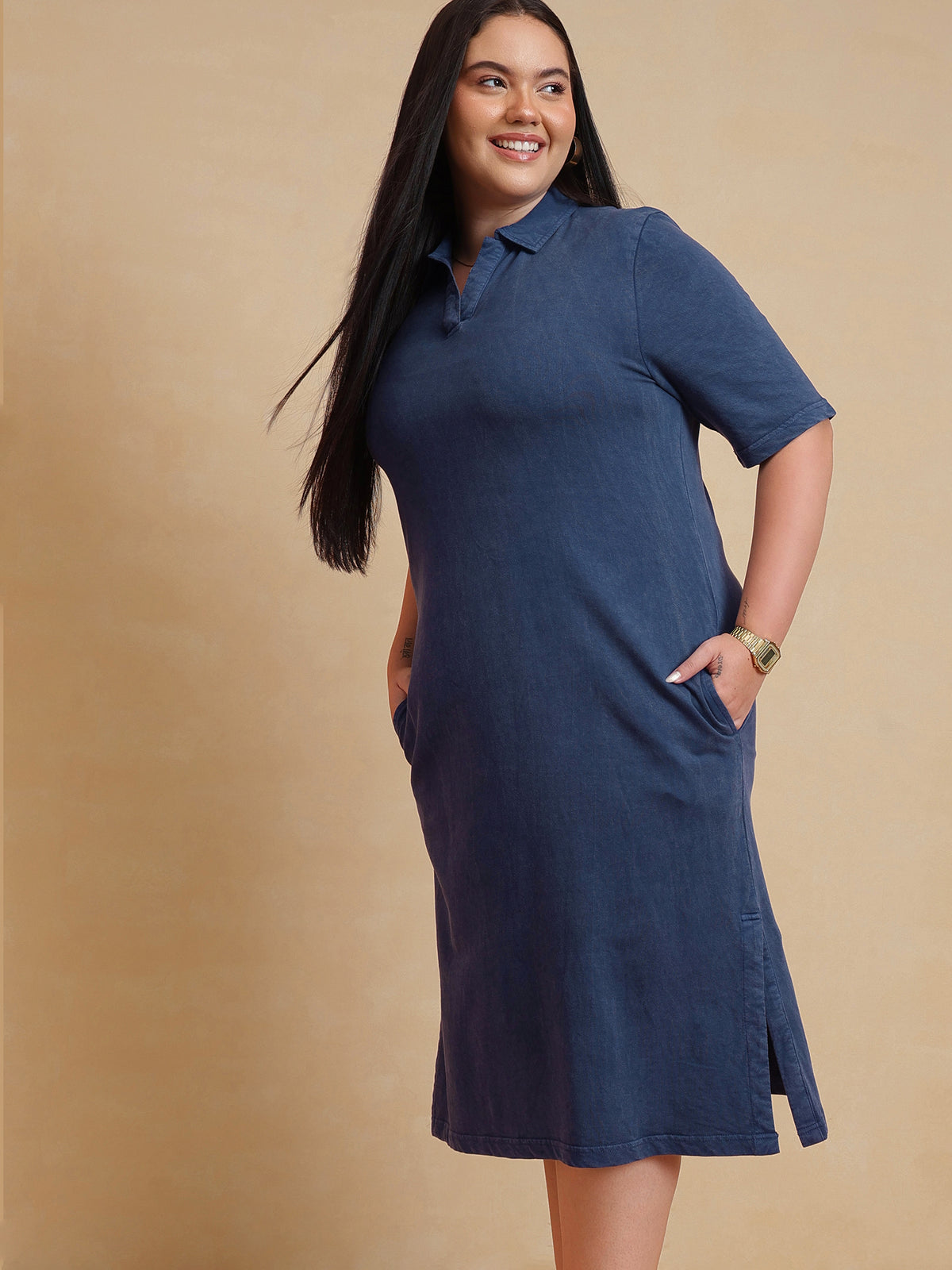 Navy Overdyed Polo Neck Side Slit Midi Dress-SASSAFRAS Curve