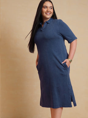 Navy Overdyed Polo Neck Side Slit Midi Dress-SASSAFRAS Curve