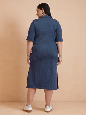 Navy Overdyed Polo Neck Side Slit Midi Dress-SASSAFRAS Curve