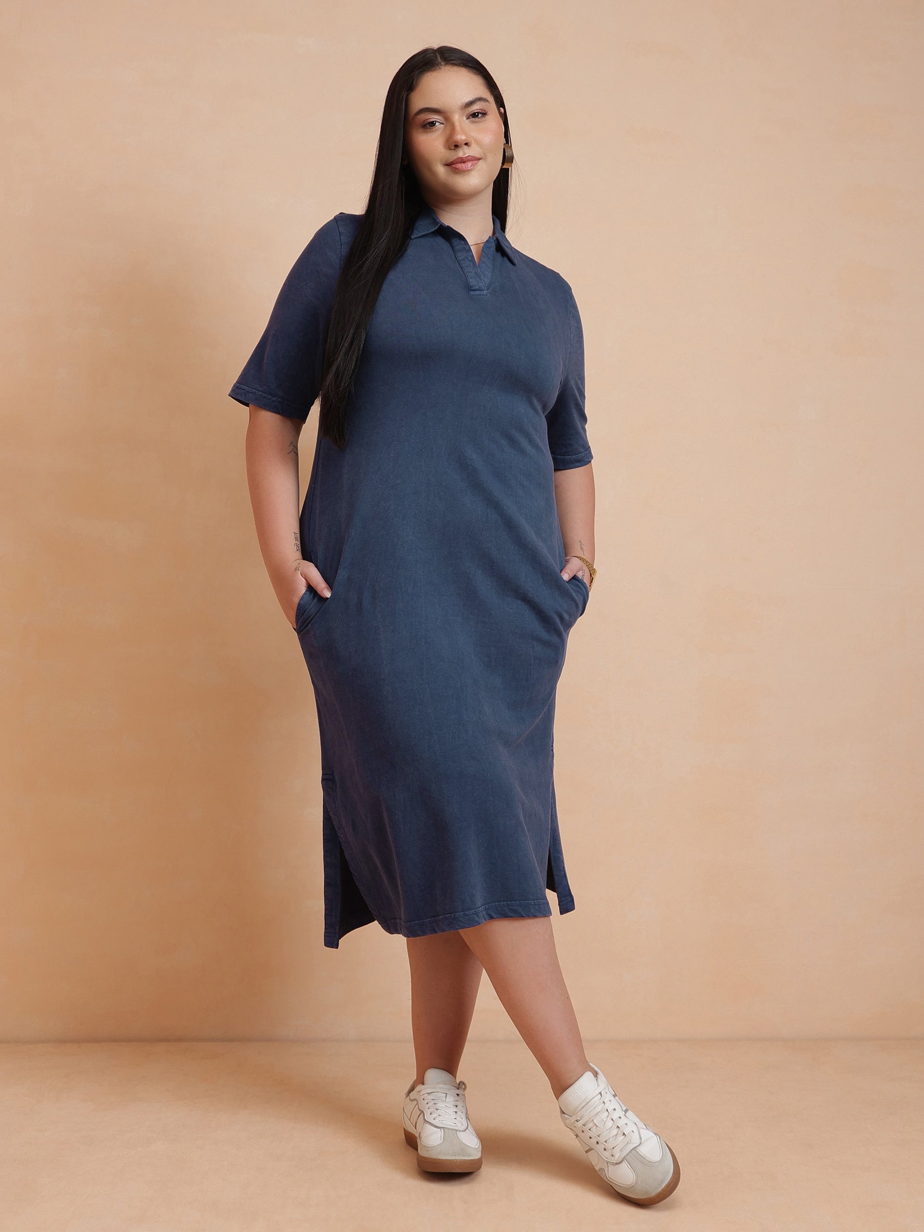 Women Navy Overdyed Polo Neck Side Slit Midi Dress