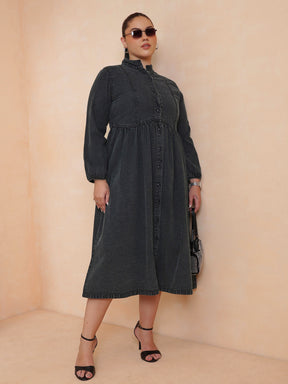 Black Wash Denim Button Down Midi Dress-SASSAFRAS Curve
