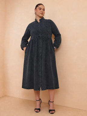 Black Wash Denim Button Down Midi Dress-SASSAFRAS Curve