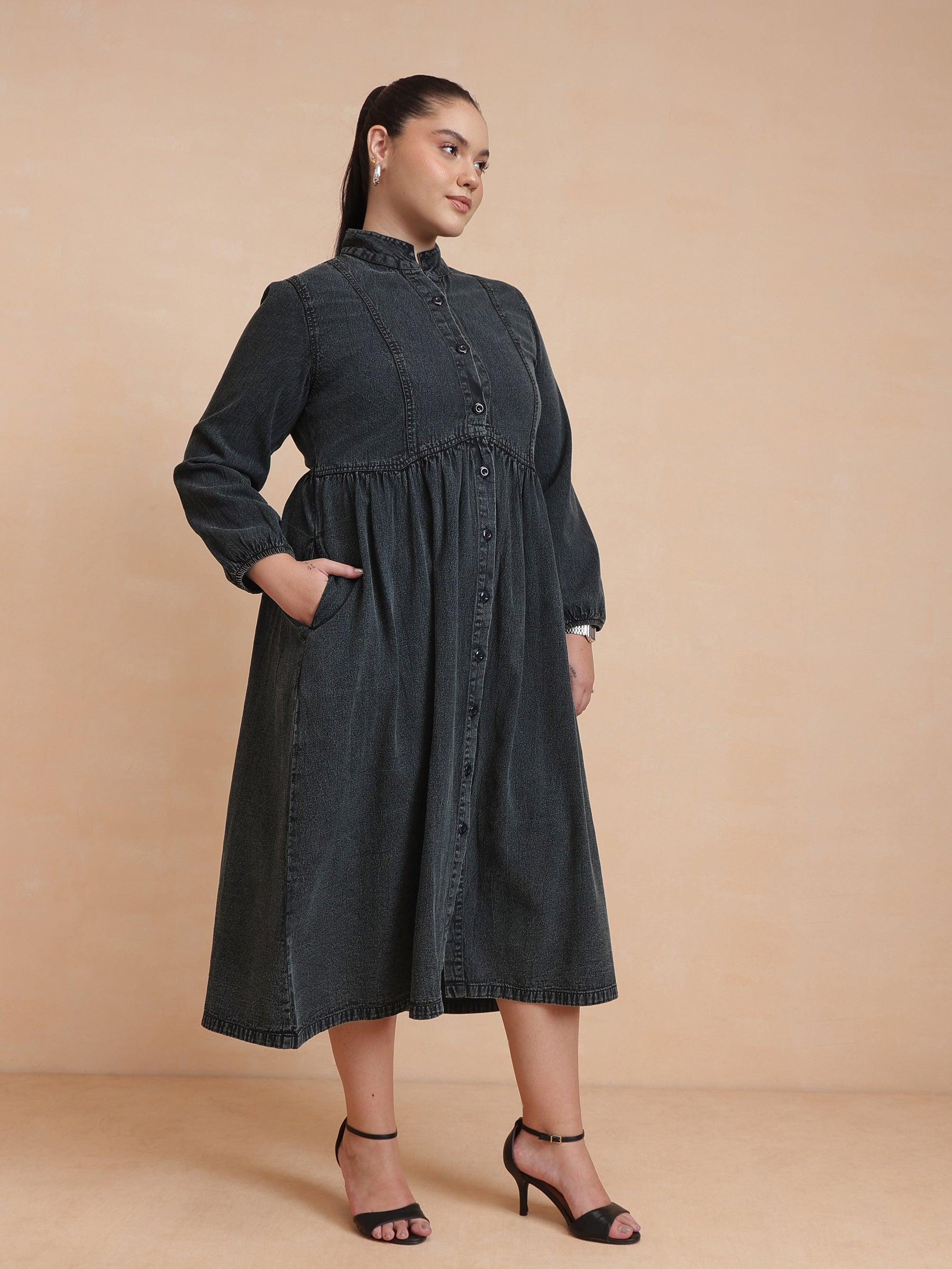 Black Wash Denim Button Down Midi Dress-SASSAFRAS Curve
