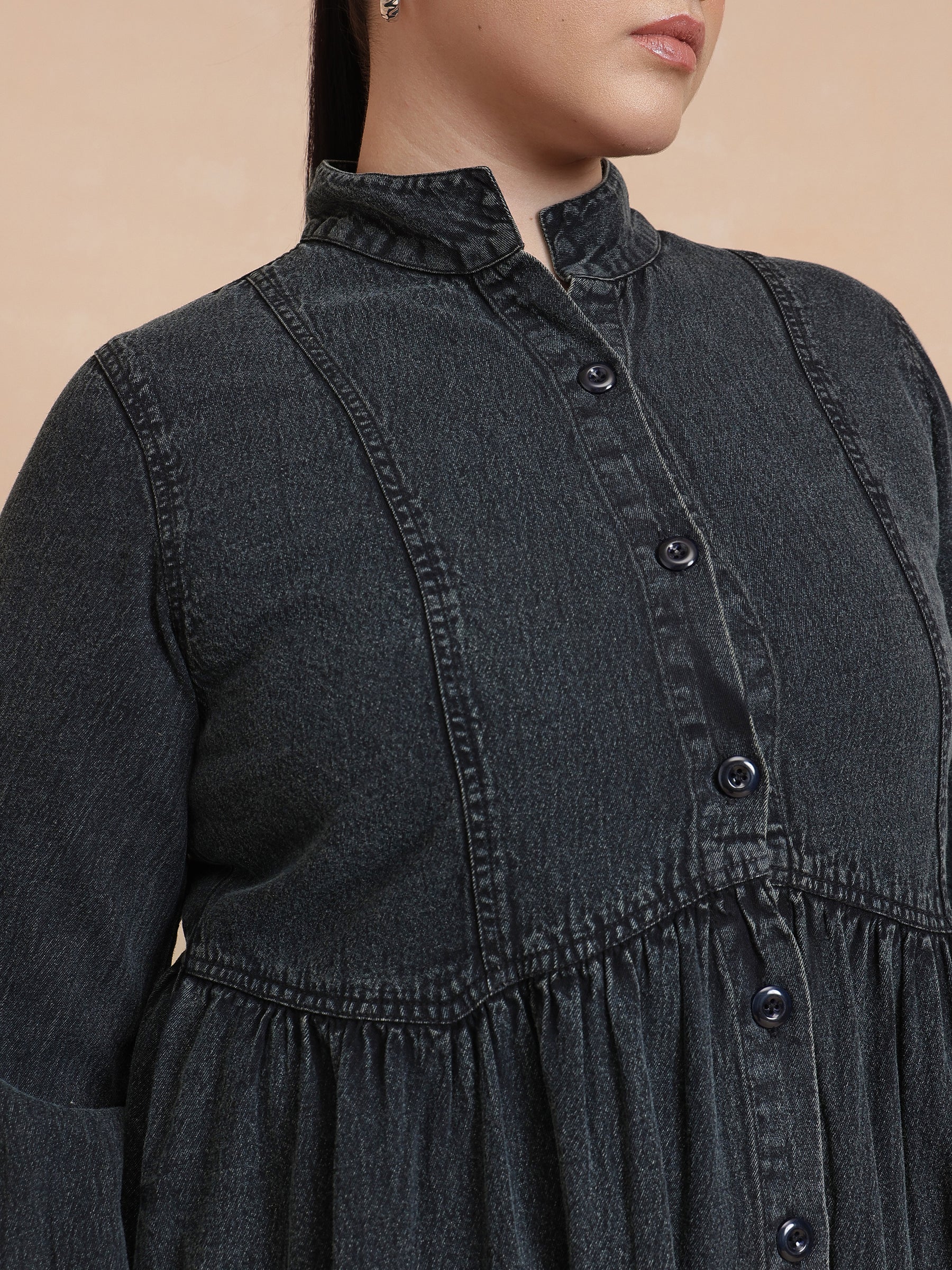 Black Wash Denim Button Down Midi Dress-SASSAFRAS Curve