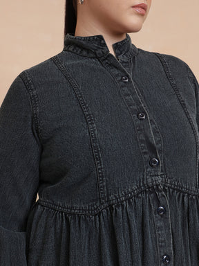 Black Wash Denim Button Down Midi Dress-SASSAFRAS Curve