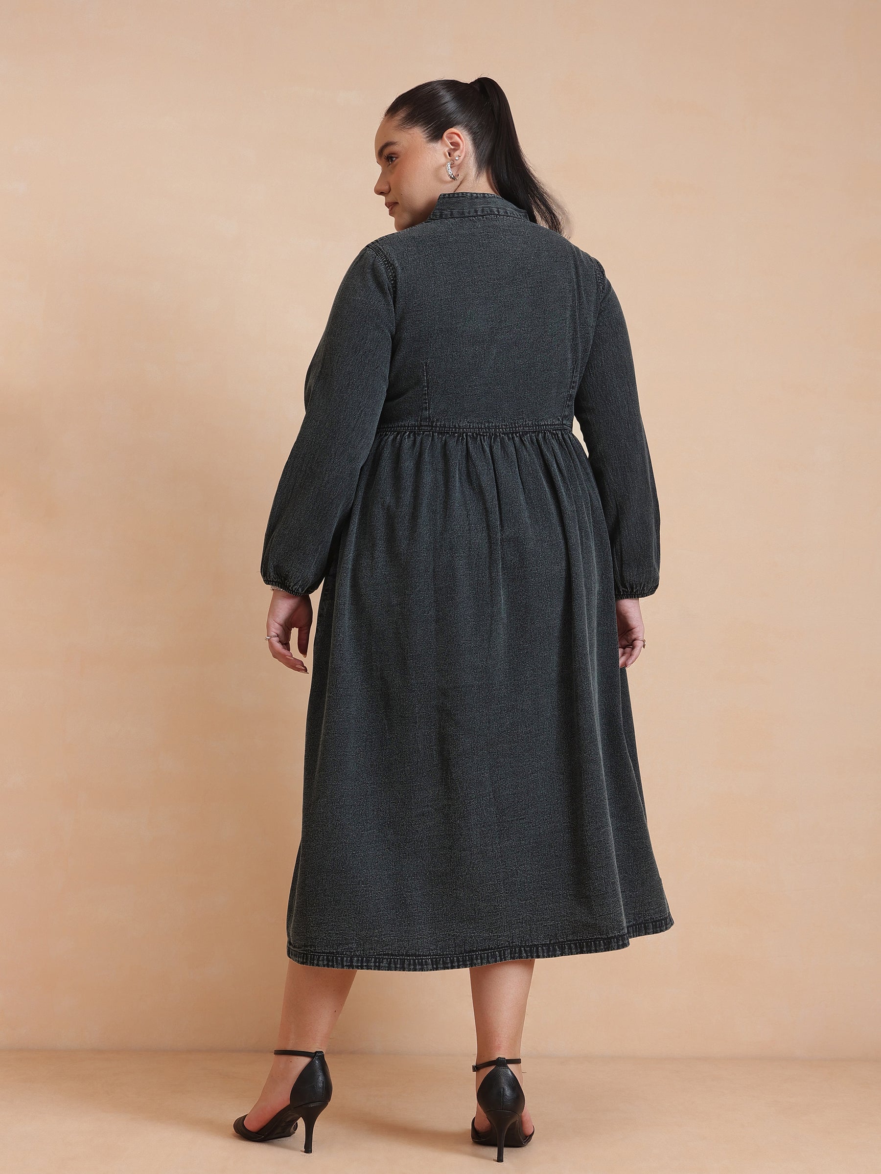 Black Wash Denim Button Down Midi Dress-SASSAFRAS Curve