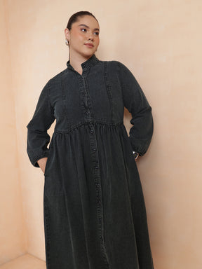 Women Black Wash Denim Button Down Midi Dress